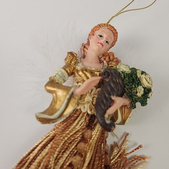 Christmas Angel Ornament Gold Tassel Beaded Dress Feather Wing Bouquet 10" - Picture 4 of 7
